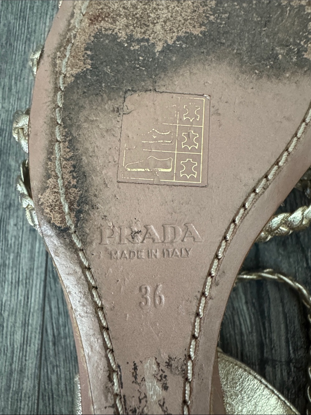 Prada Gold Braided Leather Wedge Espadrille Sandals Size 36/US 6 COA includes - Picture 10 of 11